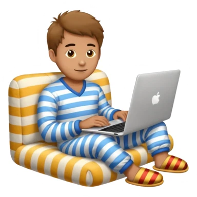 man in striped pajamas and fuzzy slippers typing on a laptop, emoji style sticker