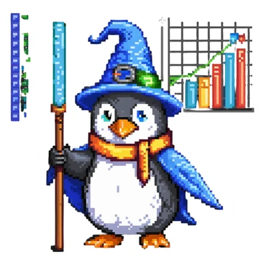 penguin wizard pointing to a stock chart with numbers going down sticker