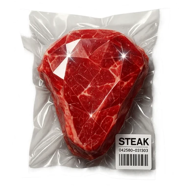 steak with diamond facets and sparkling highlights, glossy and puffy vacuum-sealed style sticker