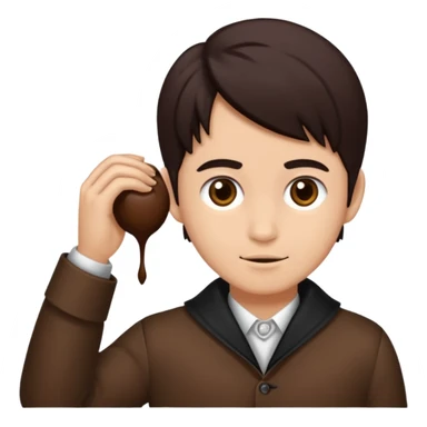 Emoji iPhone seorang pria dengan rambut hitam, dengan poni, mengenakan atasan jas berwarna coklat kehijauan , mata gelap  sticker