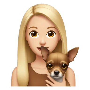 A girl with straight blonde hair, natural lip color and brown eyes holds a dark brown chihuahua in her hands sticker