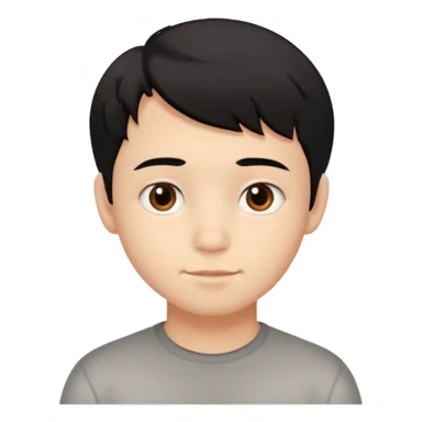 young boy with short, slightly messy black hair, a round face, large brown eyes, and a small neutral smile sticker
