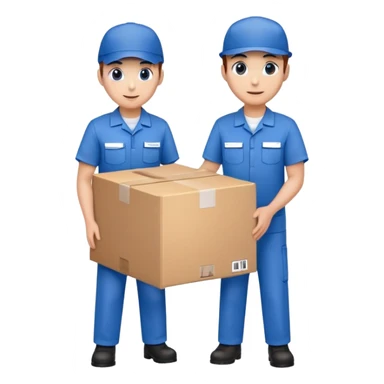 two suppliers standing together holding a big box, both wearing blue caps and blue work uniforms sticker