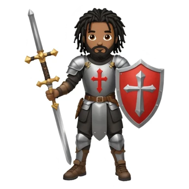 African American man with shoulder length black dreadlocks with black beard wearing knight body armor holding a double edge sword and a shield with a cross on it wearing black low top Air Force 1 sneakers sticker