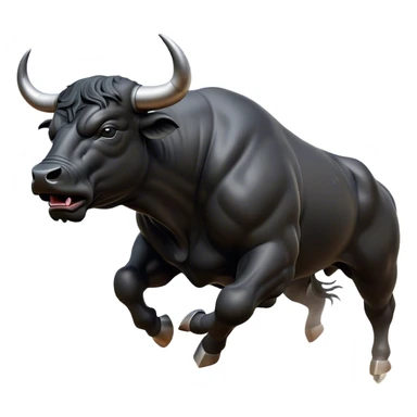 ​Cinematic Realistic Black Charging Bull, depicted in mid-charge with a powerful, muscular form and glossy black hide glistening under dynamic dramatic lighting, dust and motion captured mid-air to exude raw strength and unbridled energy on an expansive arena, sticker