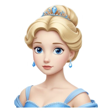 Cinematic Realistic Noble Cinderella Portrait, depicted with porcelain skin rendered in lifelike detail and soft, natural lighting that highlights every delicate nuance. Her intricately styled golden-blonde hair is arranged in an elegant updo, and her deep, expressive blue eyes radiate quiet determination. She wears her classic ball gown with rich fabric textures and delicate folds catching the light beautifully, all set against a subtly glowing, natural background that captures the essence of timeless royal grace. sticker