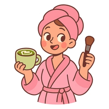 girly girl in pink robe with matcha latte and makeup, pastel cartoon style sticker