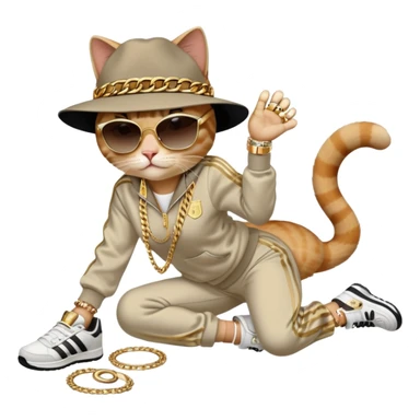 female cat dressed like Run DMC in tracksuit, fedora, Adidas shoes, dark sunglasses, lots of gold chains, rings, bracelets, earrings, lying on the ground after falling sticker