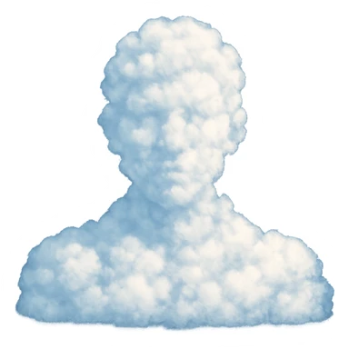 bright and recognizable image of a person from shoulders up, front view, composed of small clouds, no text sticker