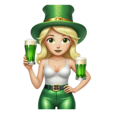 Blonde haired pretty woman with freckles glittery green bell bottoms and tall leprechaun hat holding a green beer sticker