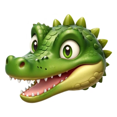 Cinematic Realistic Cute Crocodile Portrait Emoji, Head tilted playfully and inquisitively, featuring a robust, well-defined build with intricately detailed, glossy olive-green scales and a surprisingly endearing face with round, sparkling eyes full of unexpected charm, rendered with lifelike texture and natural highlights, high shine, affectionate and spirited, styled with a touch of wild whimsy, soft glowing outline, capturing the essence of a mischievous yet lovable crocodile that seems poised to snap playfully out of the screen into your arms! sticker