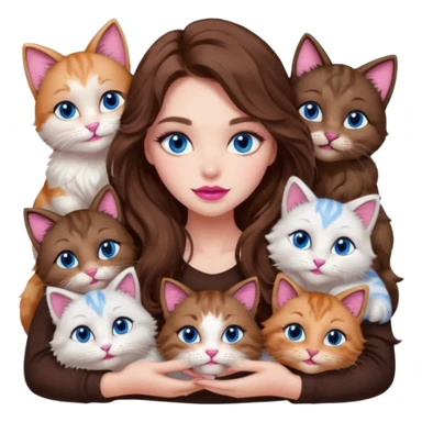 girl with long wavy brown hair, blue eyes, long lashes makeup, sexy pink lips, cuddling with 6 cats sticker