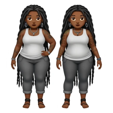 Full body nude plus size dark skin black girl long dreadlocks, tattoos on right arm and left leg sticker