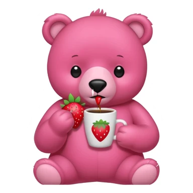 A pink bear is holding a strawberry and drinking coffee with a transparent background in a teenager hand-drawn, 2D, japanese charectors like, style sticker