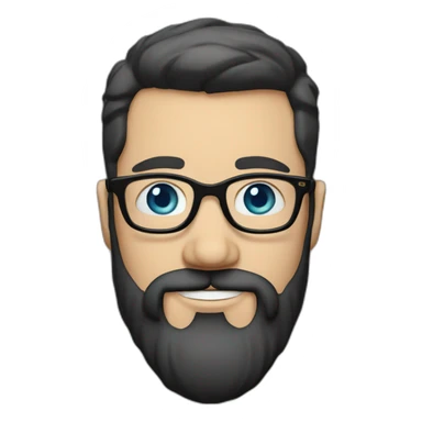 White man with blue eyes and dark brown hair, styled sideways backwards. He has a beard and mustache trimmed and wears a black t-shirt and vintage glasses. sticker