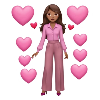  emoji, inspired with brunette hair, brown eyes, long hair, heart shape lips and pink make up  and pink nails, mauve pink blush and brown wide leg pants, burgundy shoulder drop shirt, brown heels , princess hair, brown heels, no floating hearts  sticker