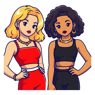 Full body of two teenage girls standing together, one white with straight blonde hair and one brown-skinned with curly black hair, both with heavy makeup, big lips, crop tops, gold jewelry and flashy choni style outfits sticker
