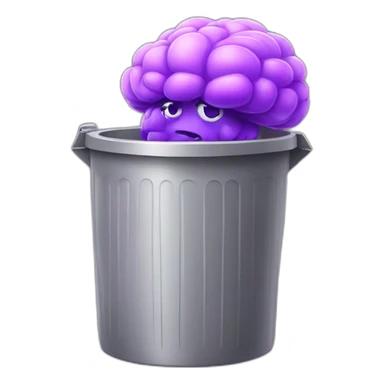 trash can with big purple brain instead of the lid, smiling face on the trash can sticker