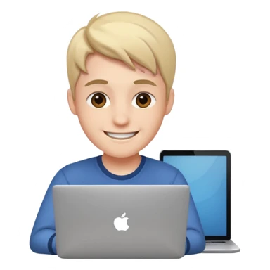 college student smiling in front of his laptop sticker
