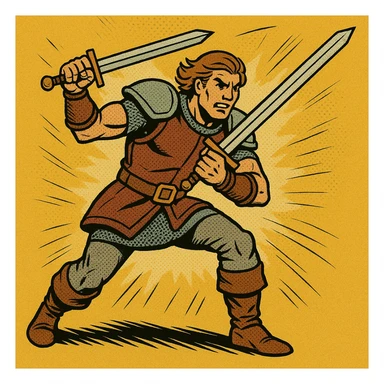warrior RPG class, dynamic action pose, light armor, dual wielding swords, energetic, comic book style sticker