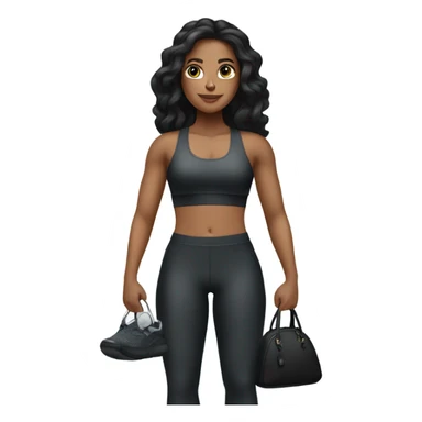 a white woman with black long hair wearing a workout set and having a designer purse on her hand  sticker