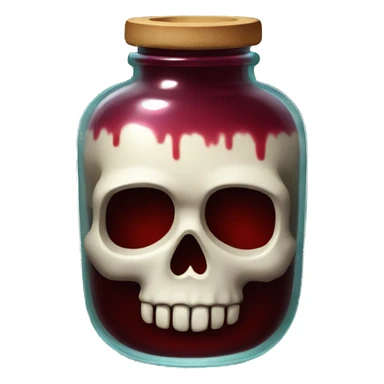 Glass potion jar in the shape of a skull with dark red liquid inside sticker