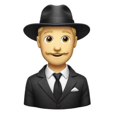 A blond white man with a suit, a tie, a mustache, and a devilish smirk tipping his fedora hat sticker
