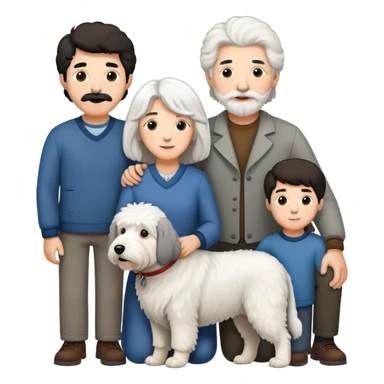 A family with mom, dad, three sons, and an Old English Sheepdog sticker