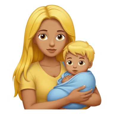 mom with long brown hair holding boy baby with yellow hair sticker
