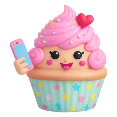 Change the cupcake wrapper pattern to pastel stars, keep the rest of the 3D kawaii cupcake character the same, no background, transparent PNG. The style is 3D kawaii cupcake character with a focus on pastel colors and a cute appearance. sticker