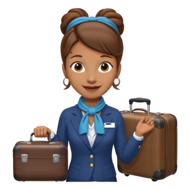 flight attendant, Light Brown skin, brown hair in single bun, neck scarf, suitcase sticker