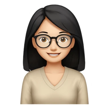 medium tan asian woman with long black hair past middle of back, round brown eyes, white v neck blouse. she has black  square frame glasses on and smiling with no teeth sticker