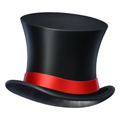 A black top hat displaying a red ribbon around the base. The ribbon forms a visible bow at the front, with the ends falling slightly over  sticker