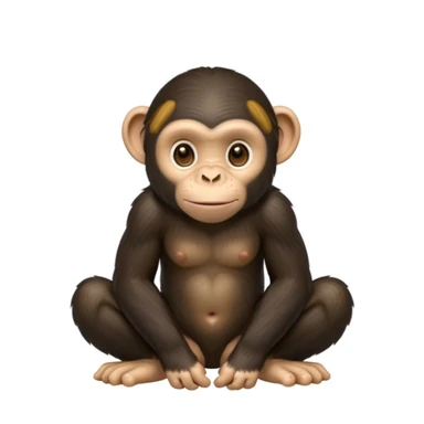 caricatured chimpanzee squatting with friendly and realistic expression, soft details, natural colors, large expressive eyes, rounded ears, visible hands resting on the ground, smooth lighting, clean modern emoji style, white solid background with white sticker-like border around the chimpanzee sticker