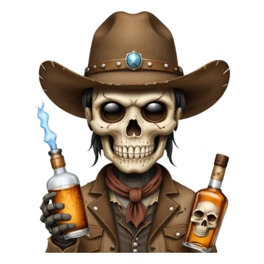 A rough and tumble cowboy with a 6 shooter and a bottle of whiskey. From the view of a bird looking down on the cowboy. Make the graphics dark and gritty in the style of your beeding skull art. Just a skull with a cowboy hat this rime sticker