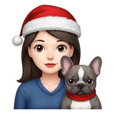 brunette woman with a dark grey French bulldog both wearing Santa sticker