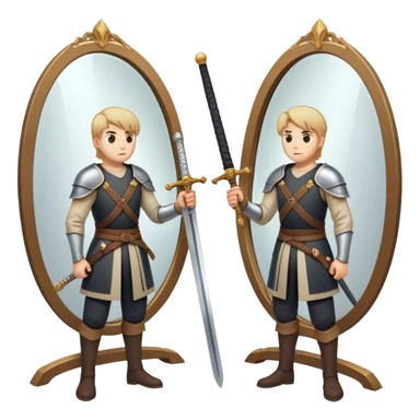 A person standing in front of a mirror, looking at their own reflection, while a sword lies on the ground beside them. The mirror represents self-awareness and acceptance, while the sword symbolizes letting go of the fight against happiness. sticker
