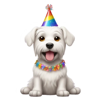 White male small dog wearing birthday hat with a cake  sticker