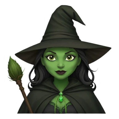 elphaba wicked witch with broom close up, evil dark coily long dark hair, green skin, thick green lips, cheekbones, smirk evil menacing cythia erivo dark aesthetic black hat cloak dark broom sticker