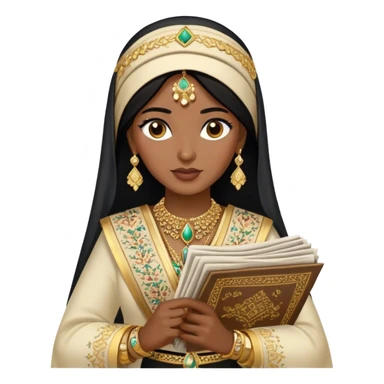 a khaleeji woman dressed in a traditional embroidered outfit,  black hair and a lot of gold accessories holding newspapers  sticker