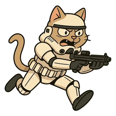 stormtrooper cat leaping forward in battle sticker