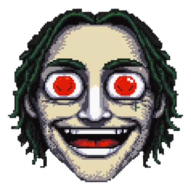 A pixelated face with droopy eyelids, bloodshot eyes, and a blissful smile - looking high and stoned sticker