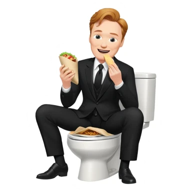 happy conan obrien in a black suit eating a burrito while sitting on a toilet sticker