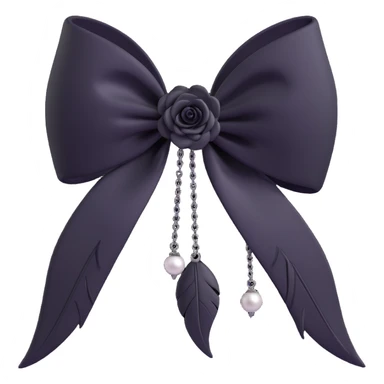 3D emoji gothic bow, white velvet, silver chain, black rose center, black feather accents, dark pearl details sticker