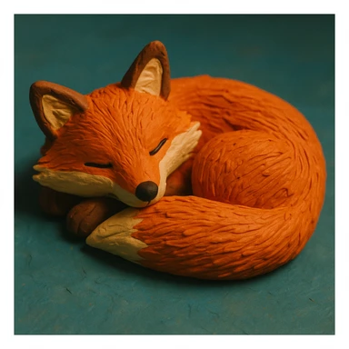 fox curled up sleeping, soft lighting, vibrant colors, detailed fur, claymation style sticker