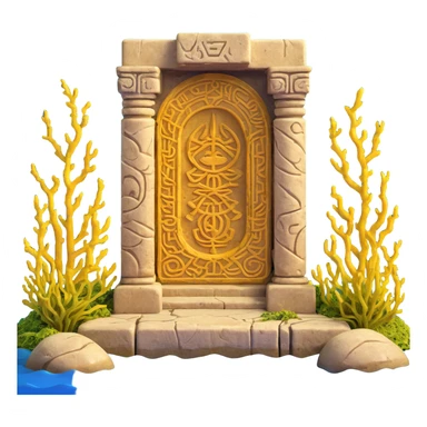 ancient Anunnaki golden underwater base, weathered stone, overgrown with seaweed, mysterious carvings sticker