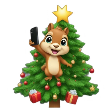 a squirrel on a Christmas tree takes a selfie sticker