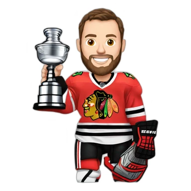 Jonathan Toews holding the Stanley Cup with beard sticker