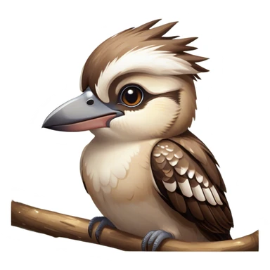 Cinematic Cute Kookaburra Portrait Emoji, Head tilted playfully and inquisitively, featuring a glossy brown plumage with subtle cream accents and a perky, expressive beak, round, sparkling eyes filled with curious mirth, Simplified yet irresistibly adorable features, highly detailed, glowing with a warm, friendly glow, high shine, affectionate and spirited, stylized with a touch of bushland whimsy, bright and endearing, soft glowing outline, capturing the essence of a mischievous yet loving kookaburra, so playful it feels like it could chuckle out of the screen into your arms! sticker