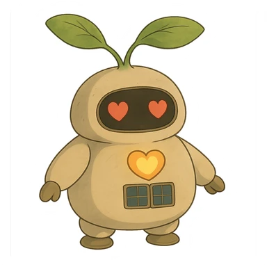 A chubby, round robot seedling with soft, plush-like forms. Its body resembles a young sprout with smooth lines. The robot has large round sensor-displays for eyes that change expression (❤️ for good harvest, ⚠️ for problems). It has two movable leaf-antennas on its head that move when working. On its chest is a stylized heart with solar panels that glows softly when charging. It has short, slightly clumsy arms and legs like a baby robot, with suckers or tiny wheels on its feet to "roll" around the greenhouse. sticker